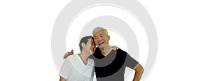 Asian senior elderly couple hugging studio shot banner with copu space