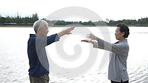 Asian Senior Elderly couple Practice Taichi, Qi Gong exercise ne