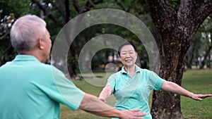 Asian Senior Elderly couple Practice Taichi, Qi Gong exercise outdoor