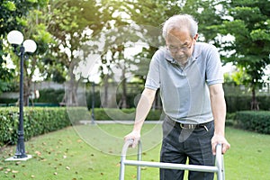 Asian Senior elderly disabled man patient walking slowly with walker or cane at green park. Older mature handicapped male feeling