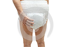 Asian senior or elderly old lady woman patient wearing incontinence diaper on white background with clipping path