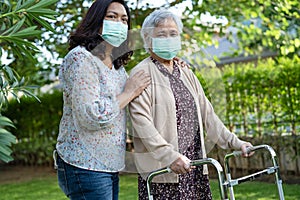 Asian senior or elderly old lady woman walk with walker and wearing a face mask for protect safety infection Covid-19 Coronavirus