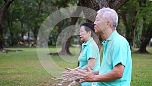 Asian Senior Elderly Practice Taichi, Qi Gong exercise outdoor photo