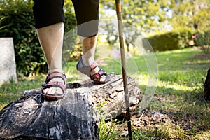 Asian senior woman balancing on wooden stump,healthy elderly people legs walking on the log timber at park,old people cross log