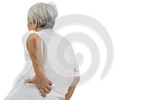 Asian senior woman with pain in the hip and back muscles,lumbago sore,old people suffering from backache in the lumbar region, photo