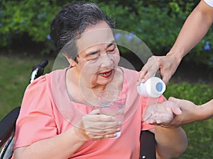 Asian senior woman sitting on wheelchair holding glass of water, get medical pill from her son. garden, outdoor