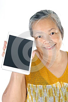 Asian senior woman with tablet