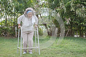 asian Senior woman try to walking with walker falling in garden park and having knee pain. kneel Arthritis pain concept. old