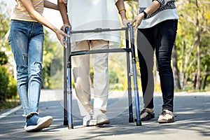 Asian senior woman use walking aid during rehabilitation after physical therapy or knee surgery, elderly people practice walking,