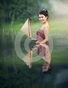 Asian sexy women bathing at river