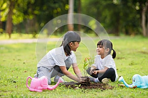 Asian sibling planting young tree on black soil together as save world in garden on summer day. Planting tree. Childchood and