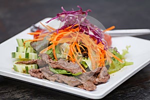 Asian Sliced Beef Salad with red cabbage and Carrots