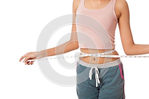 Asian slim girl measuring her waist with tape