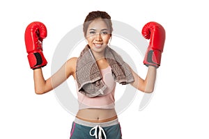 Asian slim girl with red boxing glove