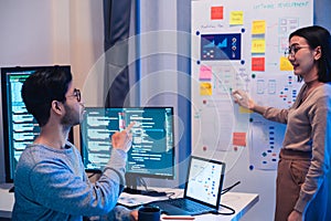 Asian software developers teams working on multiple screens displaying code and application diagrams at night in modern office