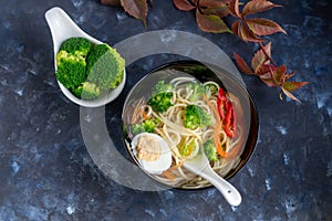 Asian soup with wheat noodles, slices of meat, red chili peppers.