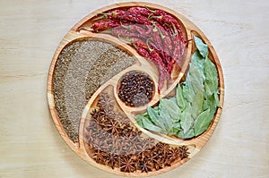 Asian spices on the wooden plate: star anise, bay leaves, paprika, dried cloves and cumin close up. Spices texture background