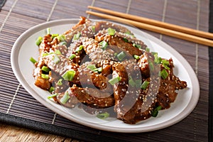 Asian stir-fried beef in teriyaki sauce with sesame and green on photo