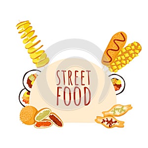 Asian street food bun shaped border. Korean street food festival frame banner, logo flyer, market card. Corndog hotdog, tornado