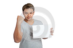 Asian strong man fist pump with blank sign