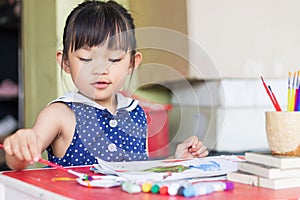 Asian student drawing and painting colours on the paper in the room. Studyâ€‹ fromâ€‹ home,