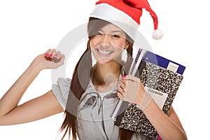 Asian student girl in Christmas Santa hat