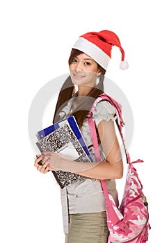 Asian student girl in Christmas Santa hat and bag