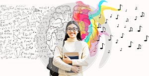 Asian Student Girl Holding Books Over White Background, Brainwork Collage