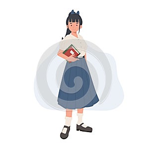 Asian student in school uniform. Thai student girl is holding books in one hand. learning , back to school concept. vector