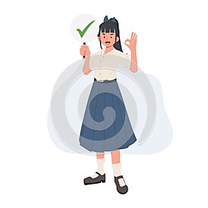 Asian student in school uniform. Thai student girl is holding correct sign. check mark. true.and doing ok hand sign. vector