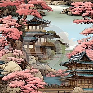 an asian style landscape with a pagoda and cherry blossom trees