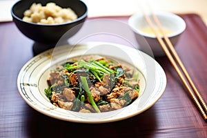 asian style scrambled tofu with soy sauce and scallions