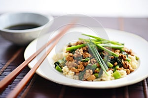 asian style scrambled tofu with soy sauce and scallions