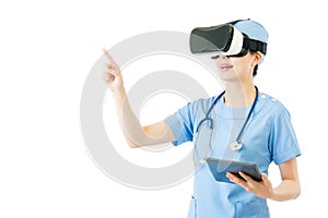 Asian surgeon use digital tablet control VR headset screen