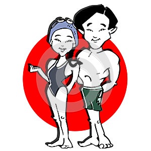 Asian swimmer couple cartoon photo