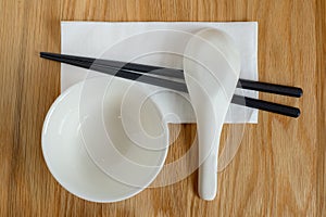 Chinese dishware on wooden table