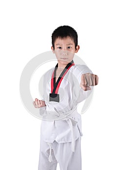 Asian Taekwondo boy posting on white