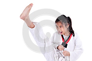 Asian taekwondo girl on with white background.