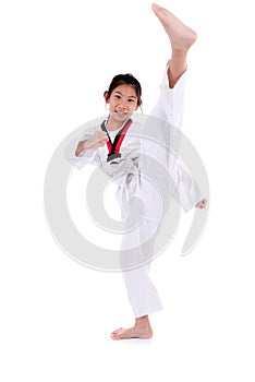 Asian taekwondo girl on with white background.