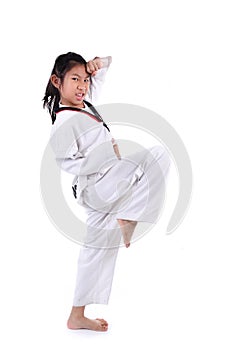 Asian taekwondo girl on white background.