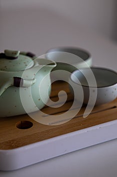 Asian tea set on bamboo mat,Closeup.