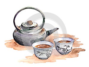Asian tea set for ceremony - teapot, cups. Watercolor