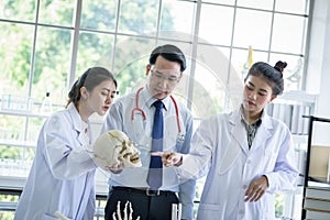 Asian teacher has teaching to student about science and anatomical in laboratory