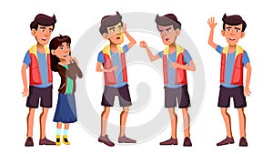 Asian Teen Boy Poses Set Vector. Activity, Beautiful. Girlfriend In Love. For Cover, Placard Design. Isolated Cartoon