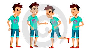 Asian Teen Boy Poses Set Vector. Fun, Cheerful. For Web, Poster, Booklet Design. Isolated Cartoon Illustration