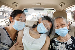 Asian Teen Girl, Mother and Grandma Wearing Face Mask in Car