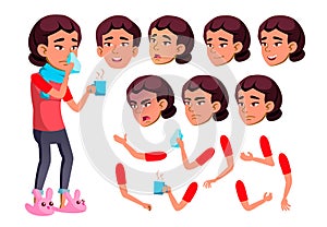Asian Teen Girl Vector. Teenager. Sick, Cough. Runy Nose. Health. Face Emotions, Various Gestures. Animation Creation