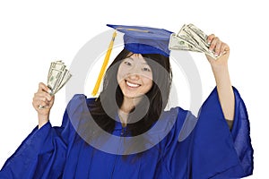 Asian teenage in blue graduation gown holding US money