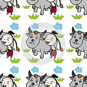 Asian Thai boy with buffalo cartoon seamless pattern background. illustrators drawing.