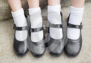 Asian Thai girls schoolgirl student feet with black leather shoe